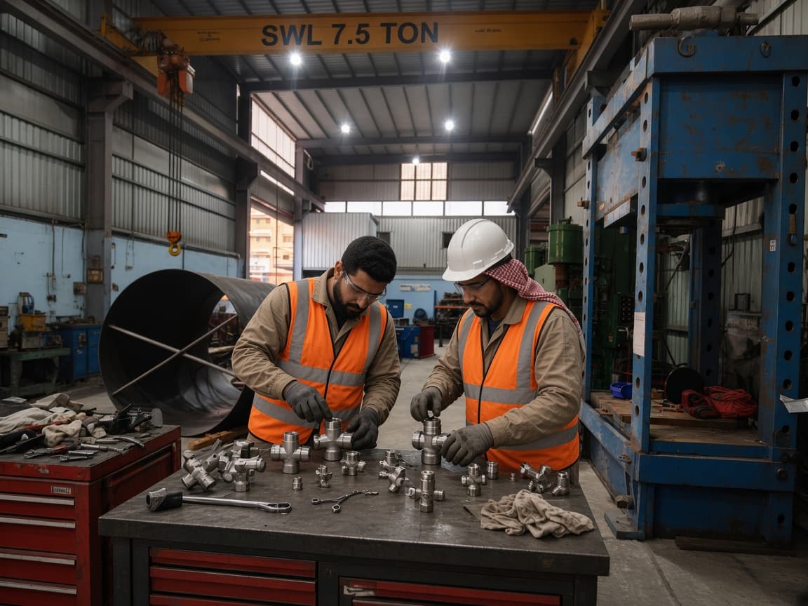 Workers showcasing valves and industrial products